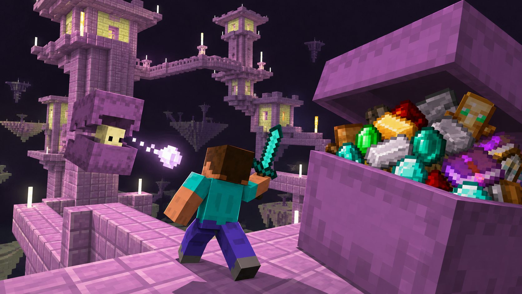 Jugador de Minecraft frente a un shulker en una ciudad del End con una caja de shulker gigante