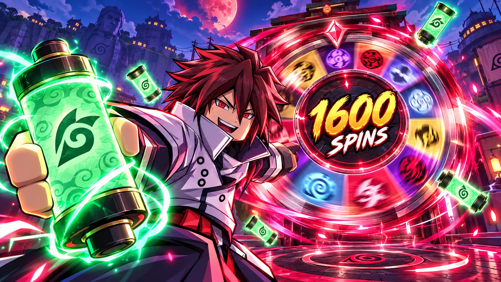 Ninja de Shindo Life ante una ruleta de spins brillando