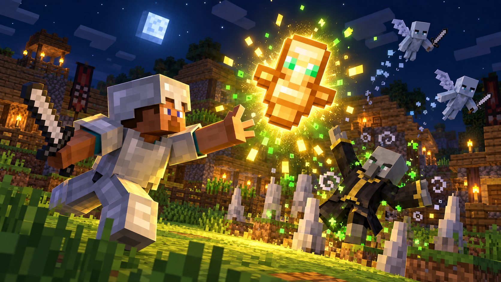 Steve atrapa el tótem de la inmortalidad que suelta un evocador durante una invasión en Minecraft