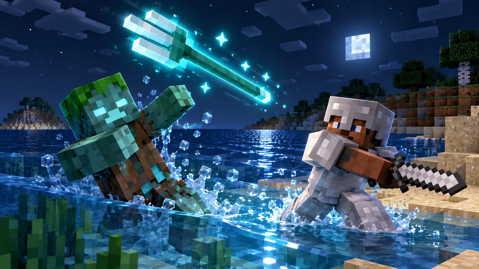 Jugador de Minecraft derrota a un ahogado que suelta su tridente en la orilla del mar