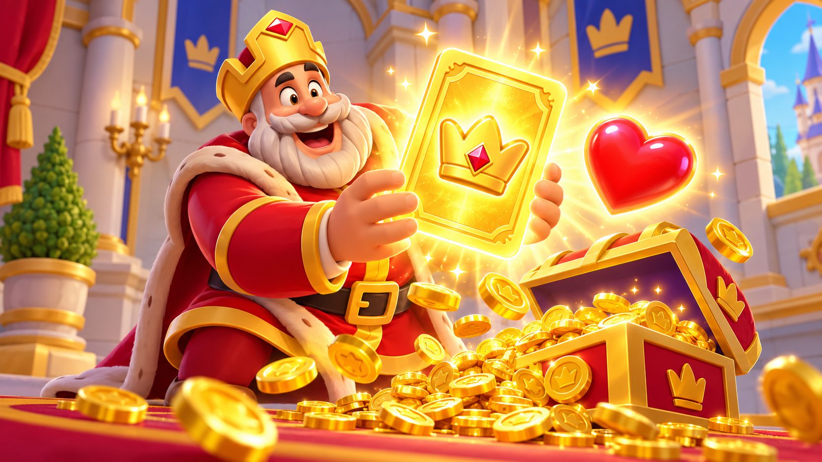 Royal Match: el rey Robert con una carta dorada y un cofre de monedas