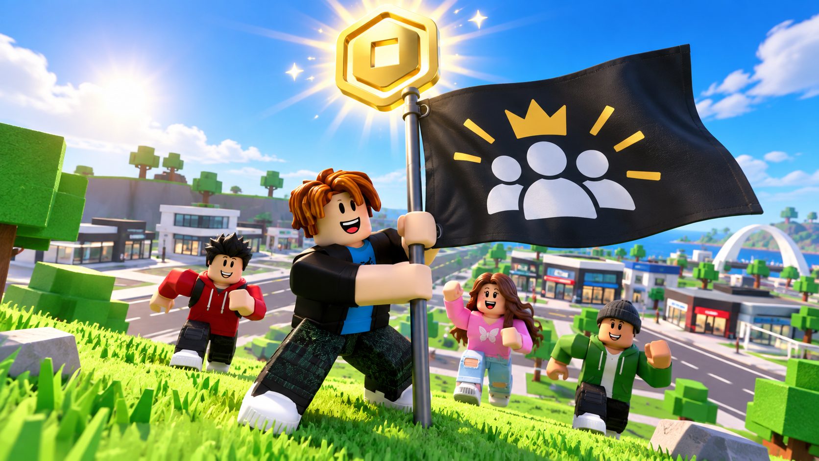 Avatar de Roblox clavando la bandera de su grupo mientras otros jugadores se unen