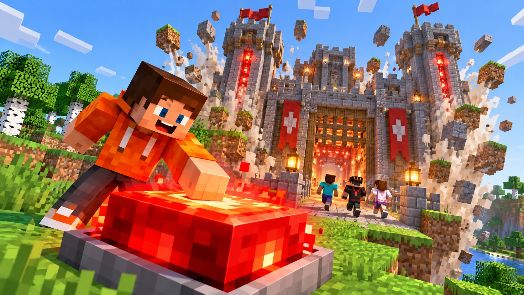 Jugador de Minecraft pulsa un botón gigante y aparece un servidor de bloques