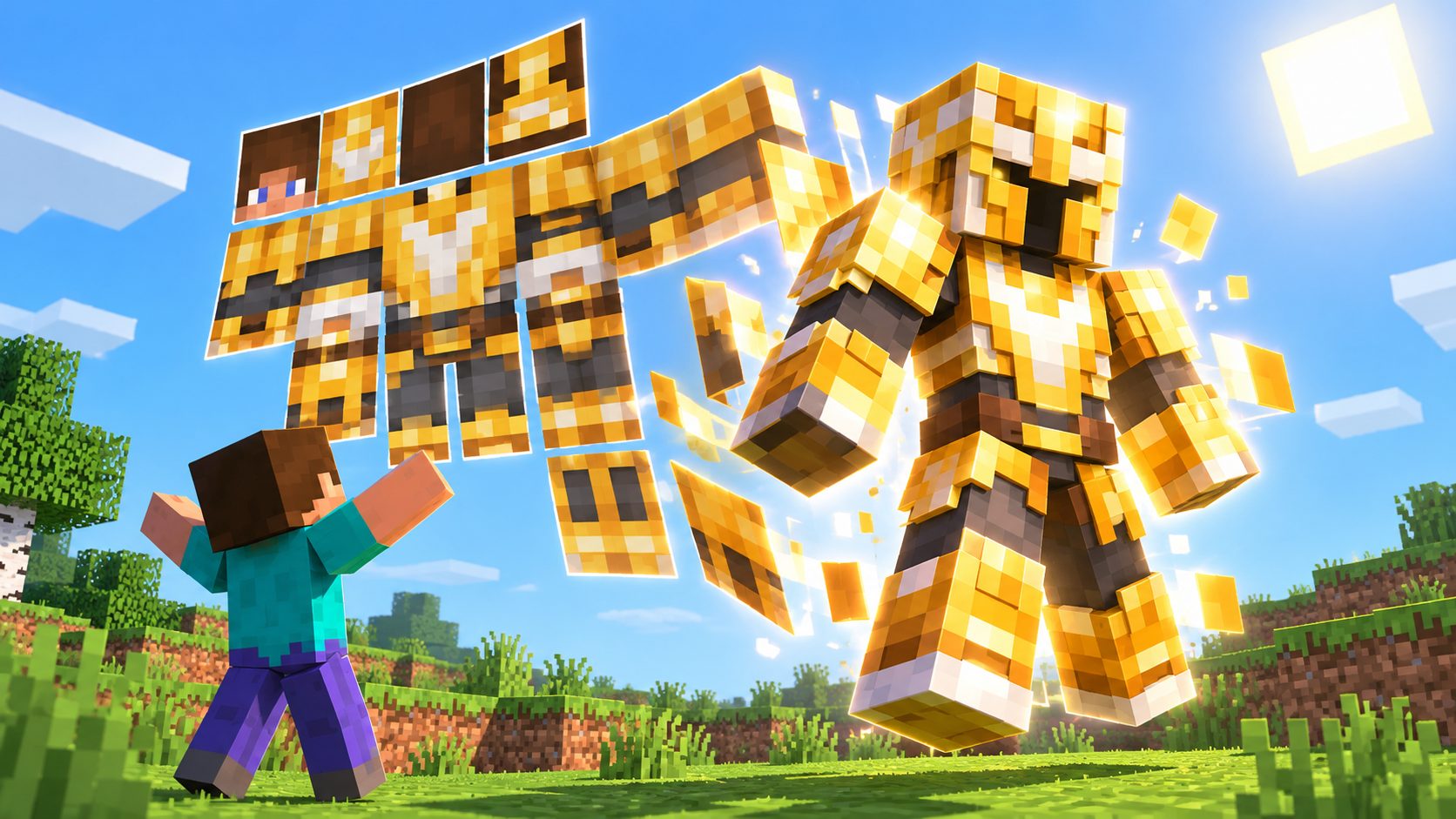 Una skin plana de Minecraft gigante se pliega en un personaje 3D