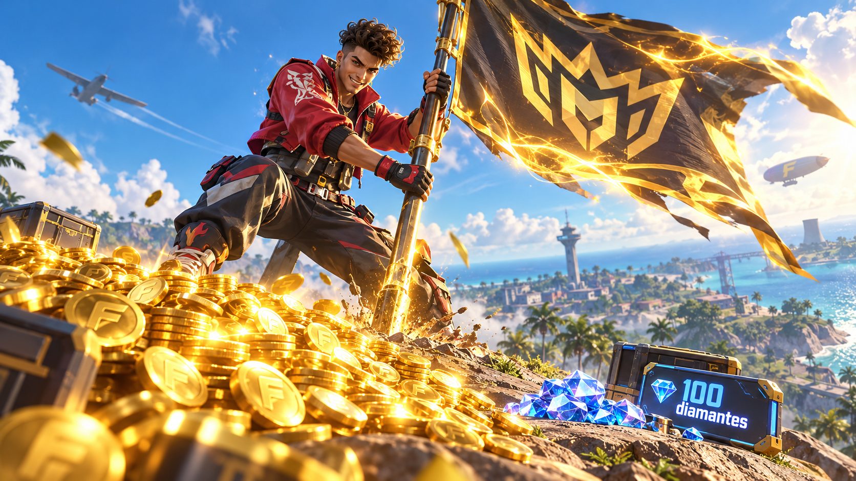 Líder de Free Fire clavando la bandera de su gremio junto a un montón de oro
