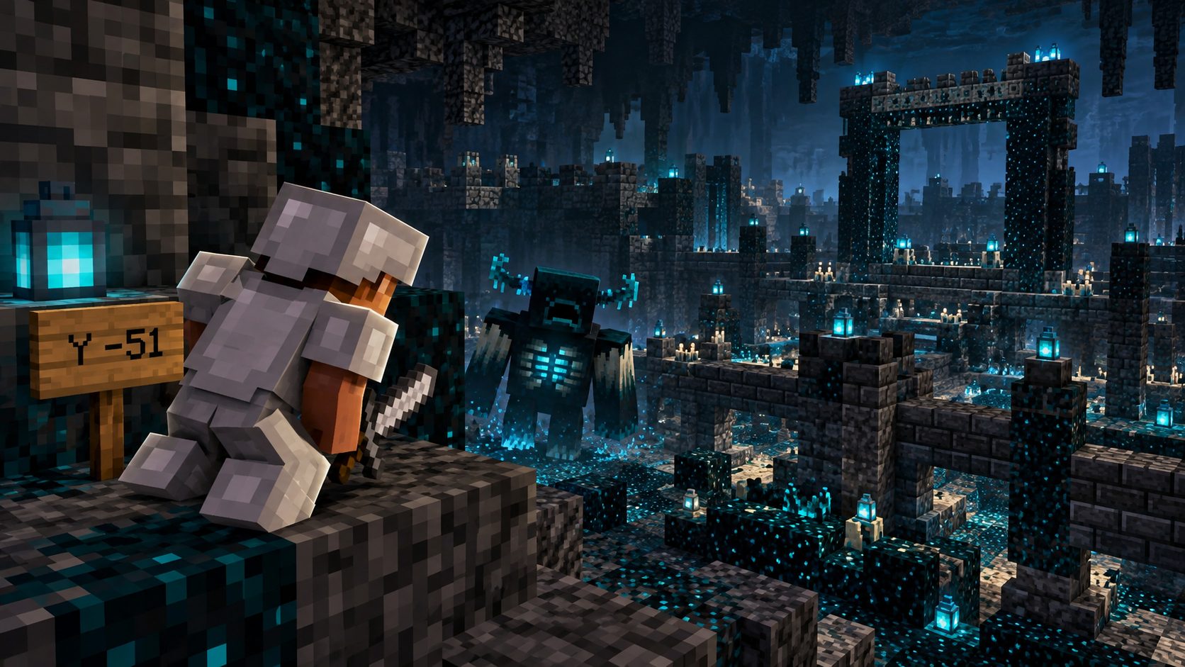 Jugador de Minecraft agachado ante la ciudad antigua con el Warden al fondo