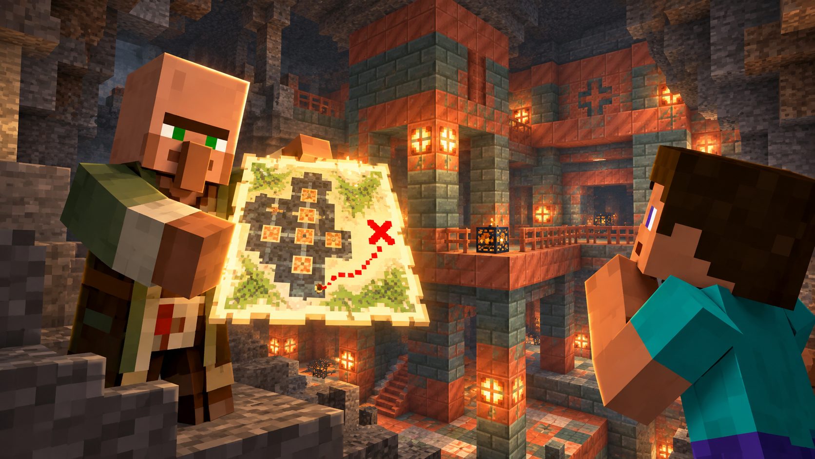 Aldeano cartógrafo de Minecraft con un mapa frente a una Trial Chamber de cobre y toba