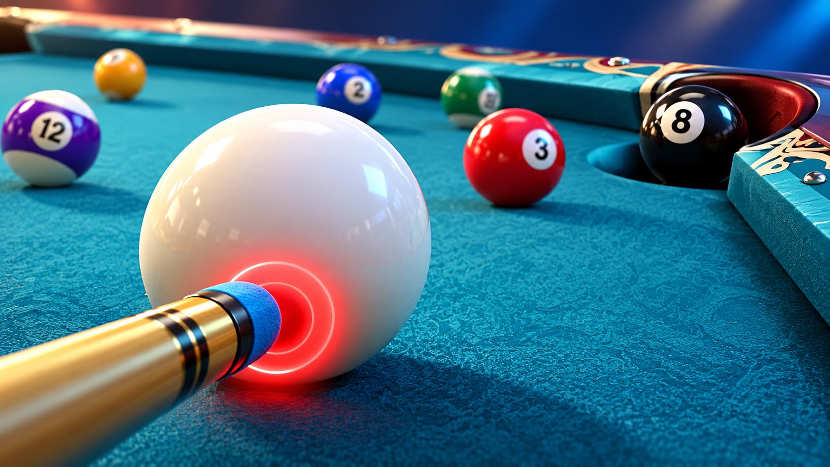 Taco a punto de golpear la bola blanca por abajo en una mesa de 8 Ball Pool