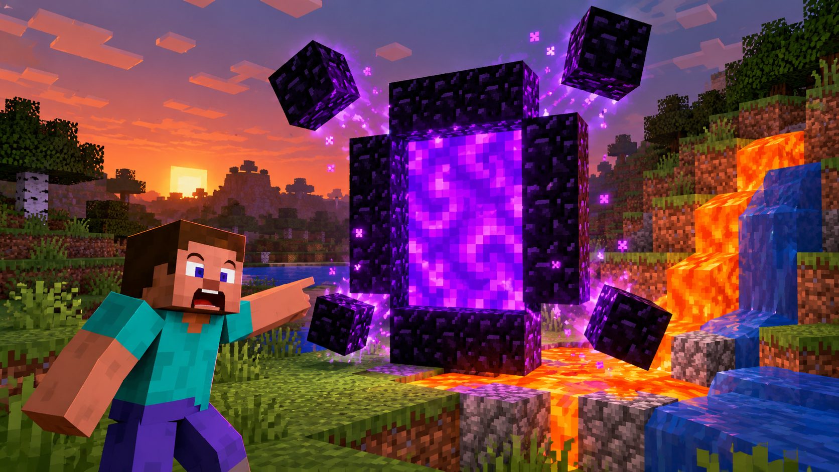 Portal al Nether de Minecraft con marco de obsidiana sin las cuatro esquinas
