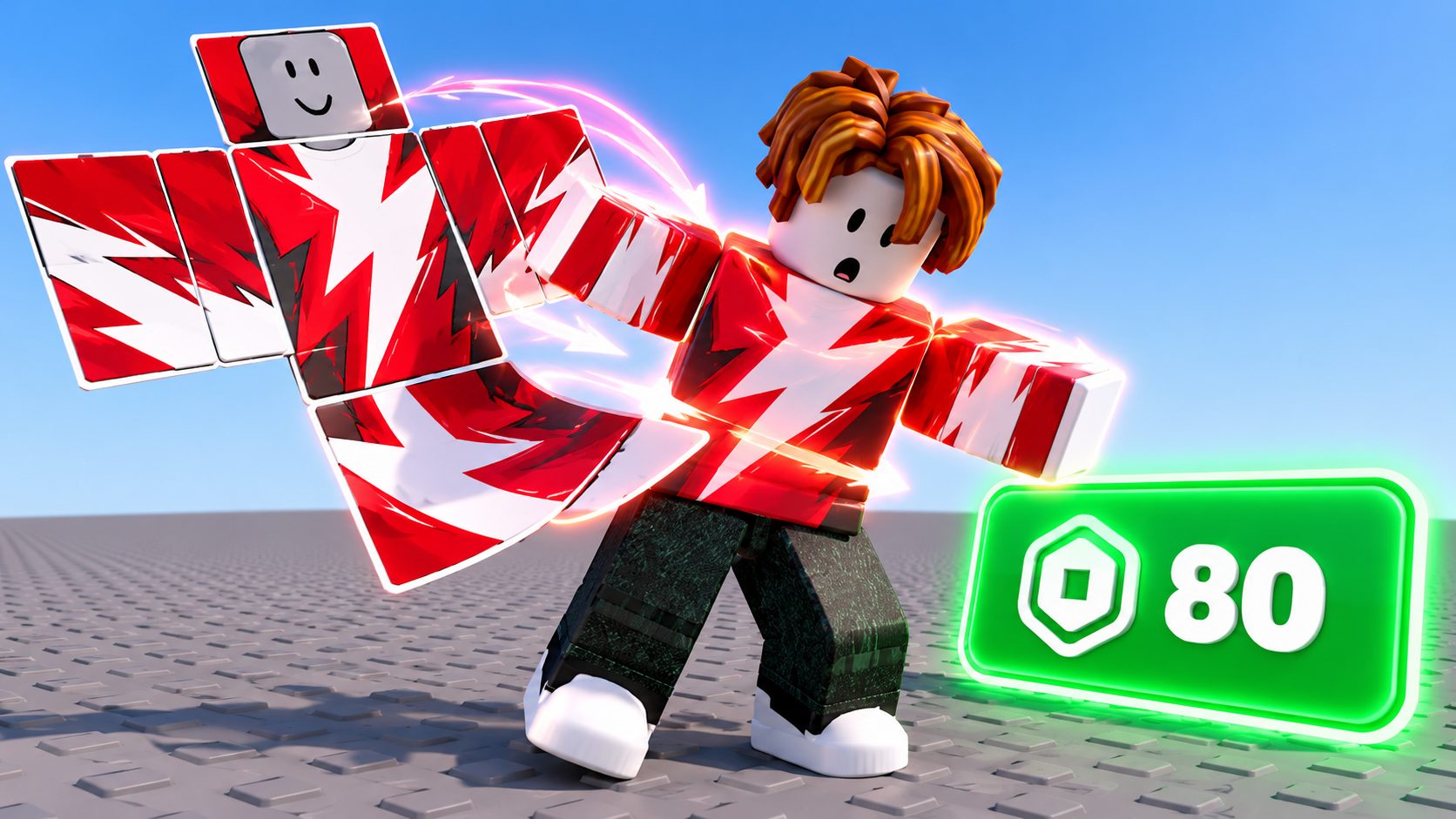 Avatar de Roblox al que se le pliega encima la plantilla de una camisa junto a un botón Upload de 80 Robux