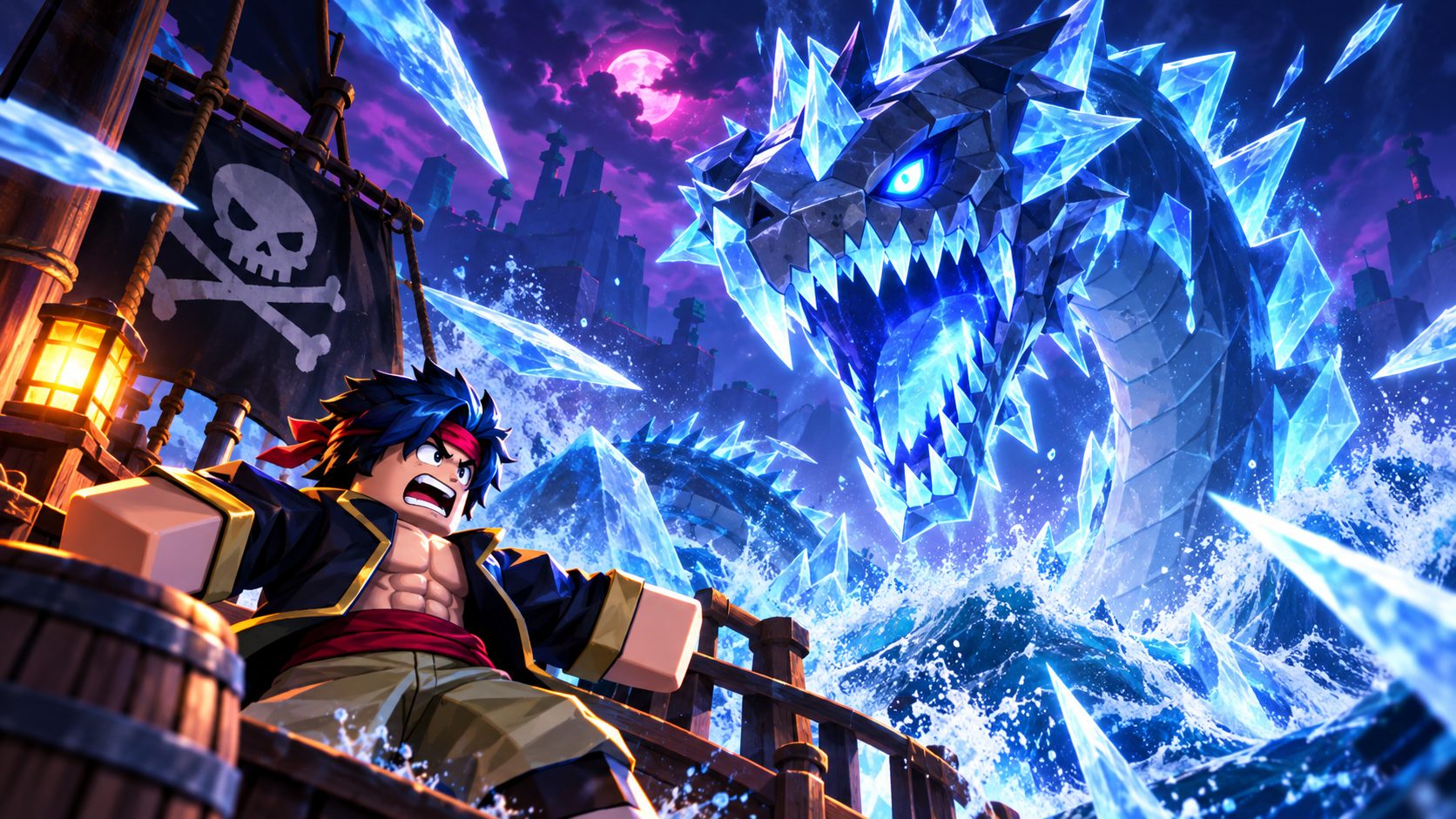 El Leviathan de hielo sale del mar junto a un barco pirata en Blox Fruits