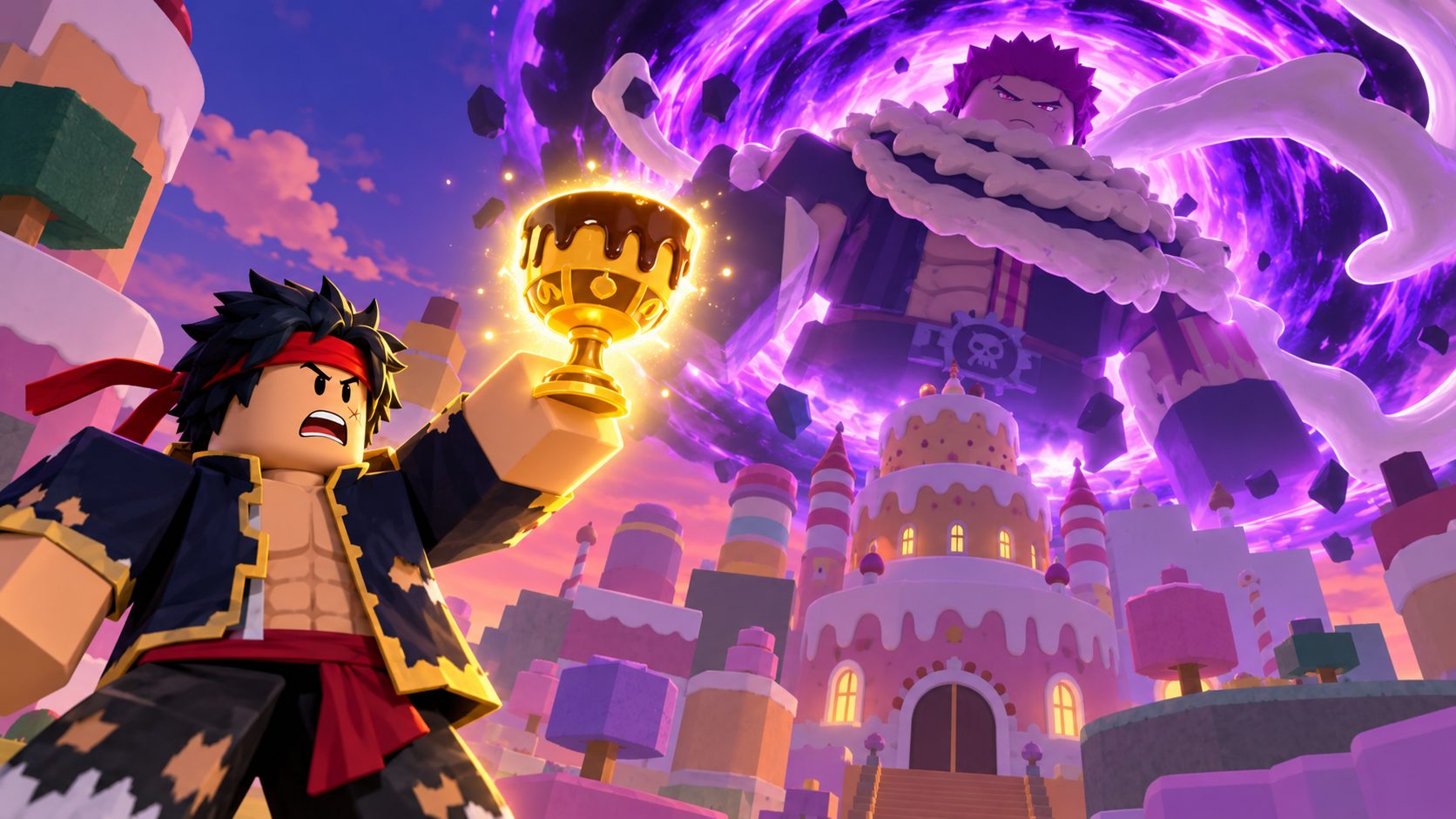 Avatar de Blox Fruits que levanta el Sweet Chalice mientras se abre el portal del Dough King en Cake Land