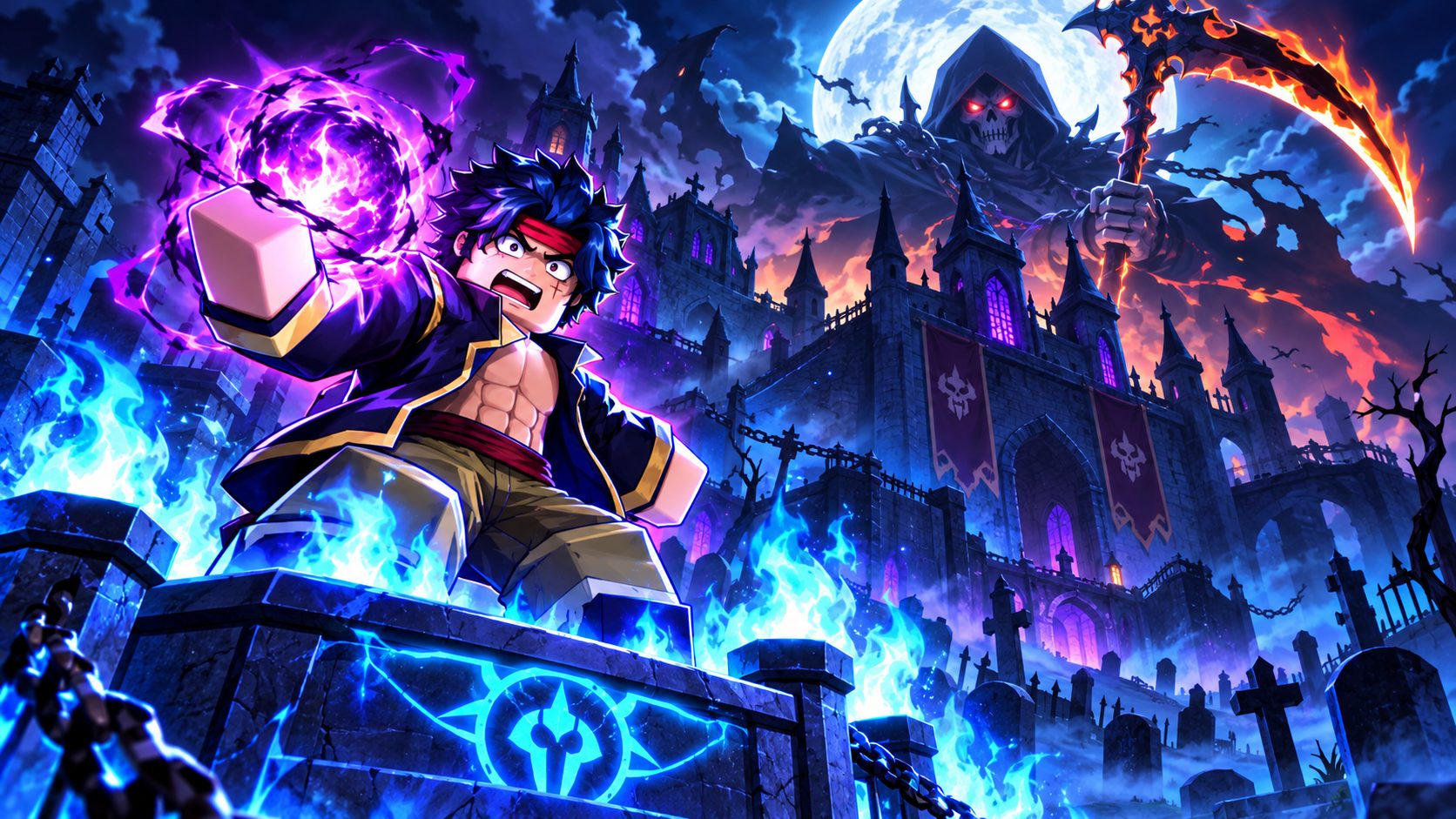 Soul Reaper de Blox Fruits apareciendo tras el altar de llamas azules del Haunted Castle