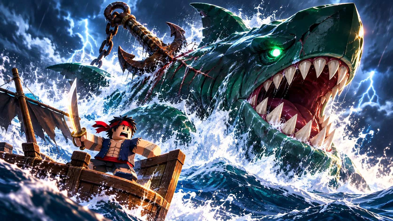 Terrorshark de Blox Fruits saltando del mar con un ancla clavada junto a un barco pirata
