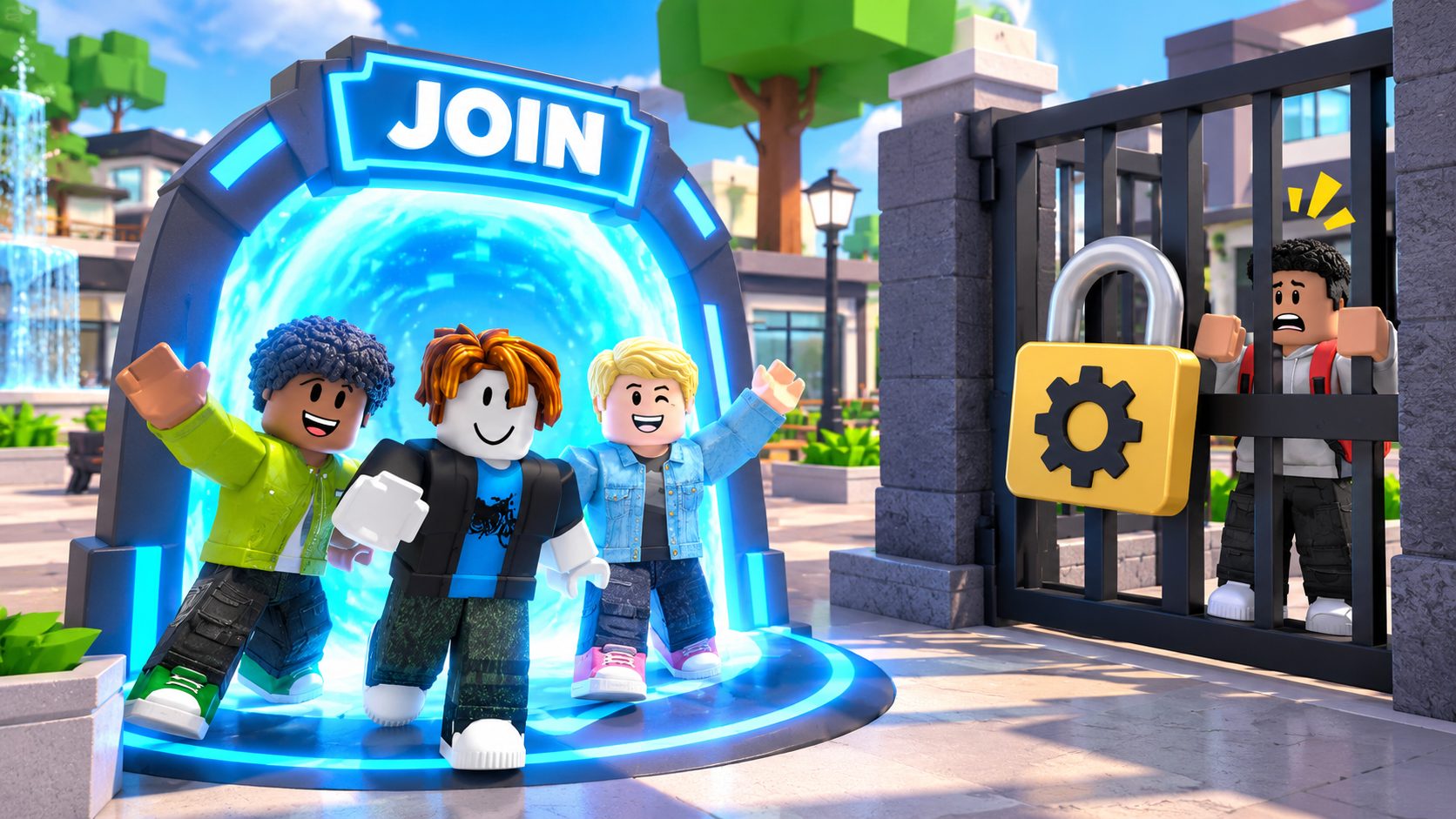 Avatares de Roblox junto a un portal y un amigo bloqueado tras una puerta con candado