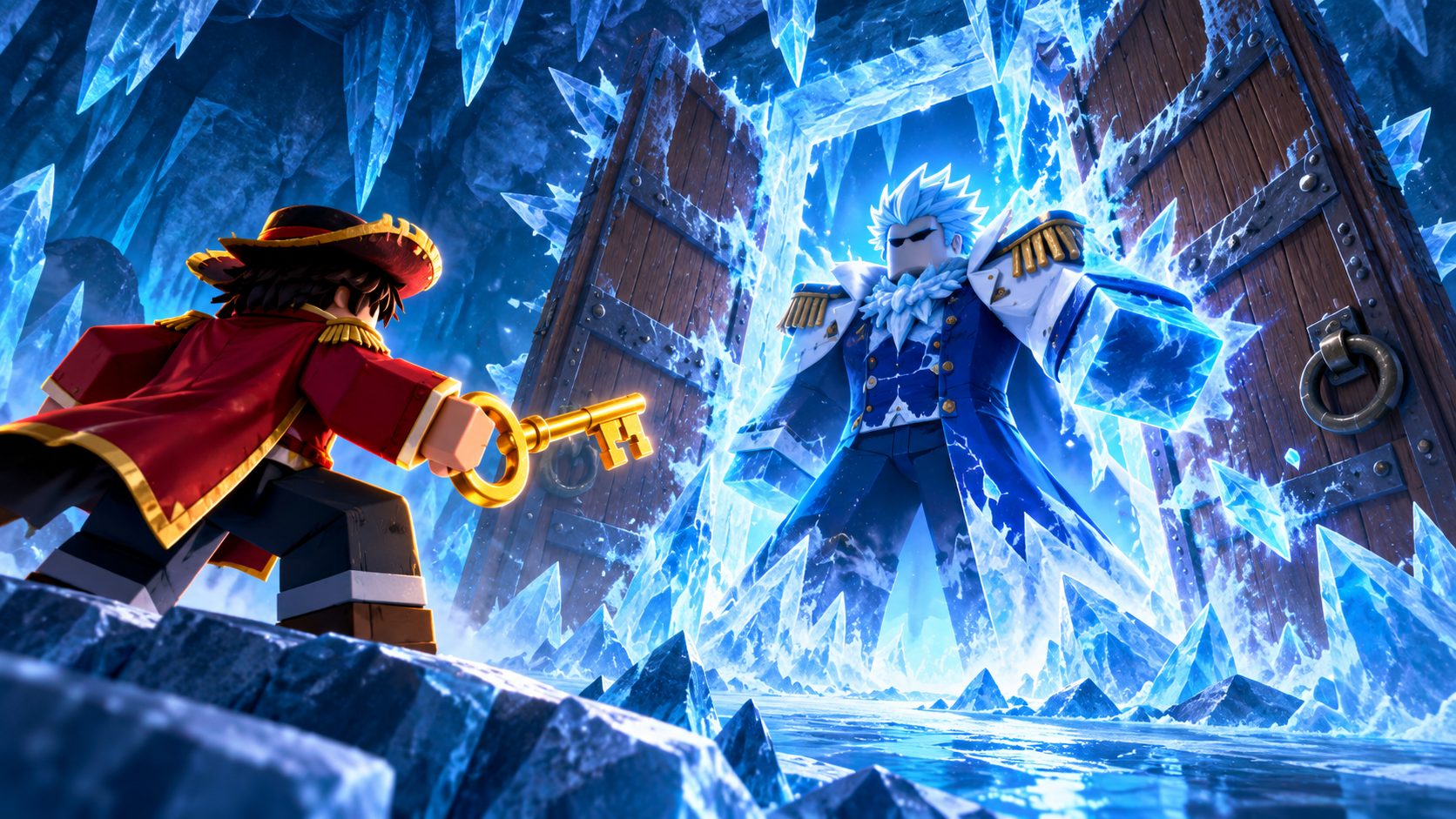 El Ice Admiral de Blox Fruits tras la puerta de la cueva del Frozen Village