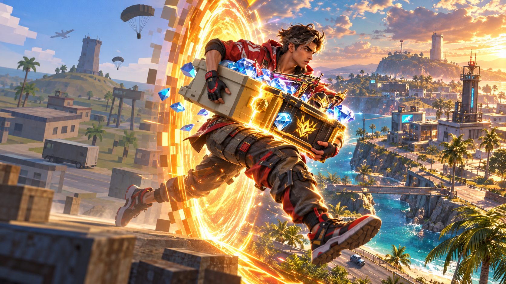Un personaje de Free Fire cruza un portal desde la isla con gráficos simples a la versión Ultra HD de Free Fire MAX con su botín