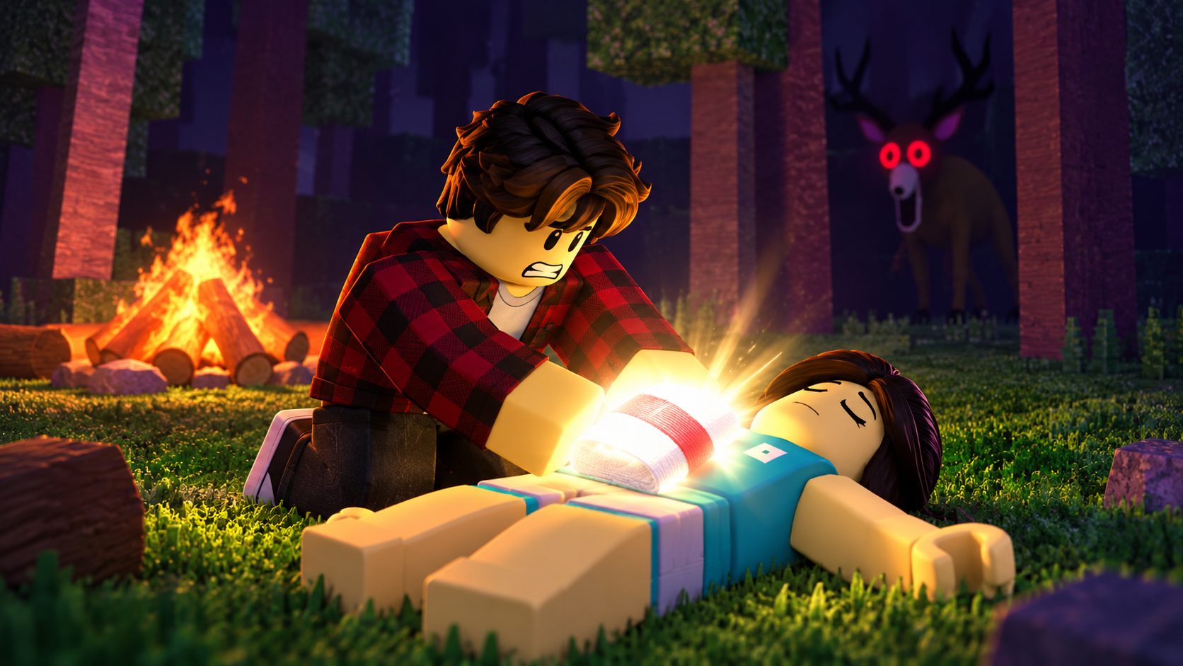 Jugador de Roblox revive a un compañero con una venda en el bosque de 99 Noches