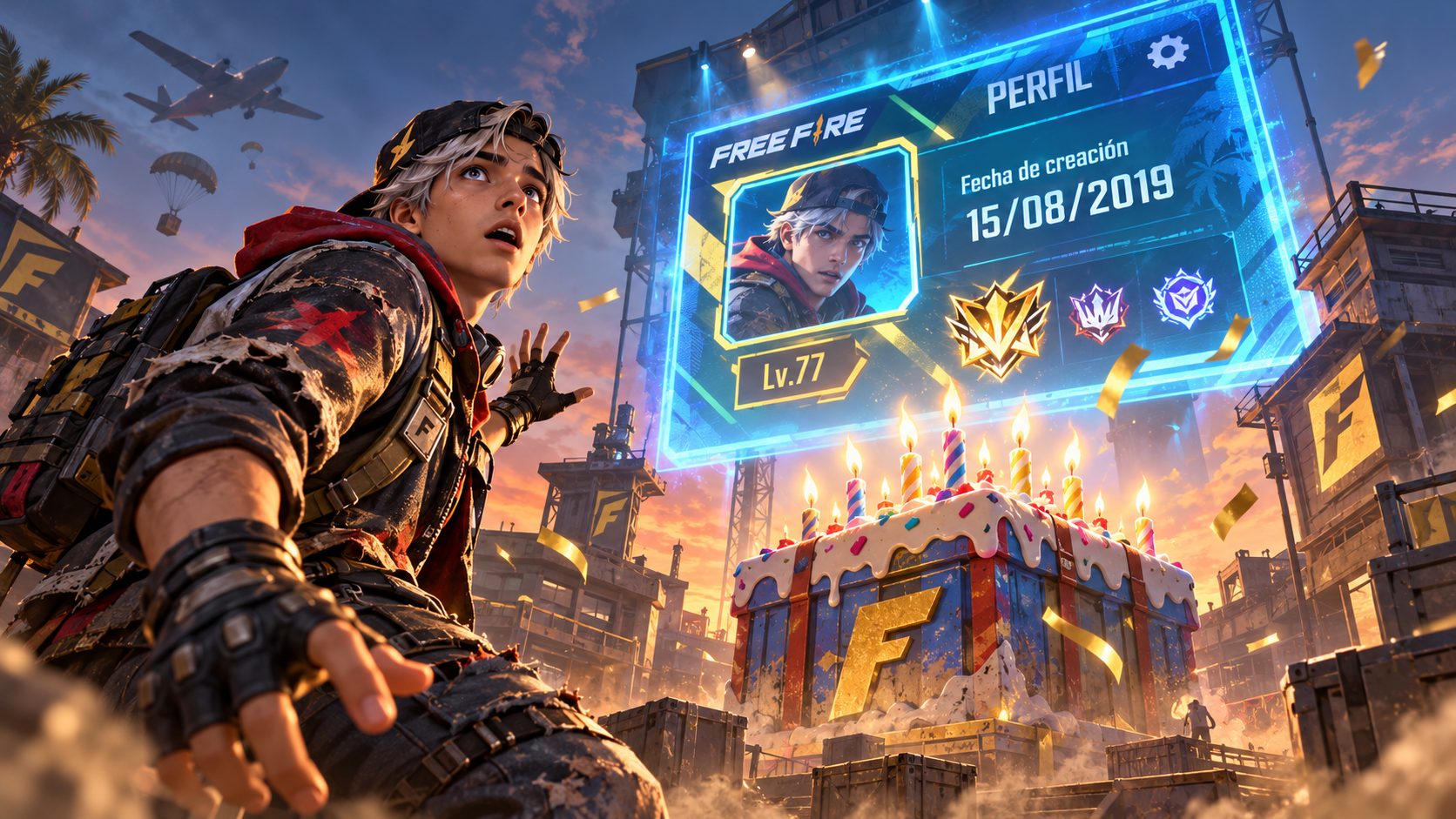 Superviviente de Free Fire mirando una enorme ficha de perfil sobre una caja de suministros convertida en tarta de cumpleaños
