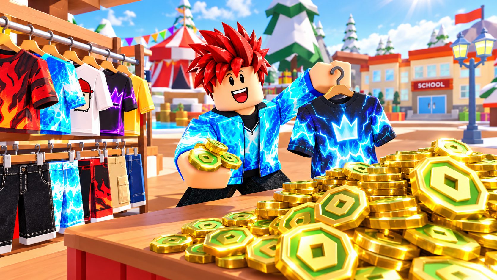 Avatar de Roblox en una tienda de ropa con un montón de Robux