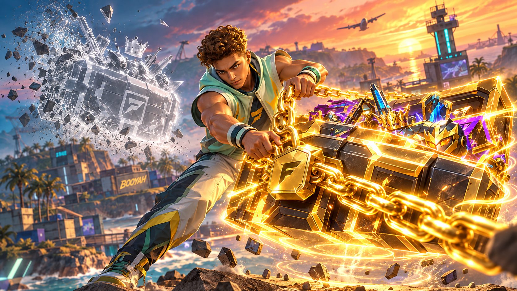 Superviviente de Free Fire encadena un cofre de botín brillante mientras otro cofre se deshace en polvo