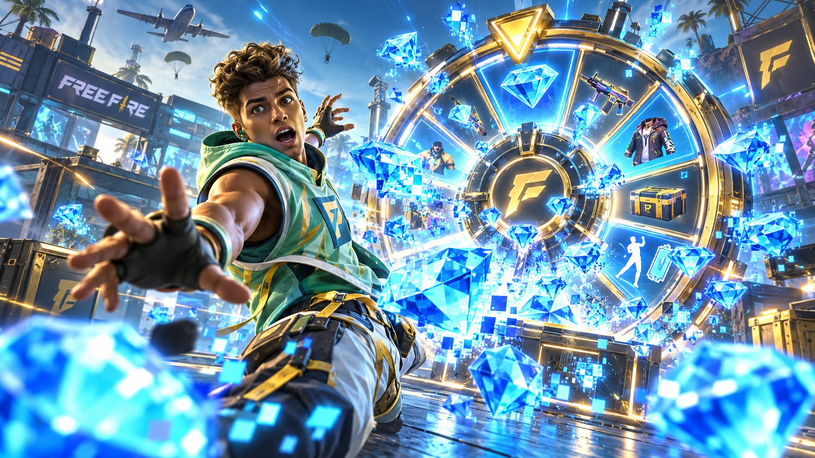 Jugador de Free Fire ante una ruleta gigante de la que salen diamantes que se deshacen en el aire