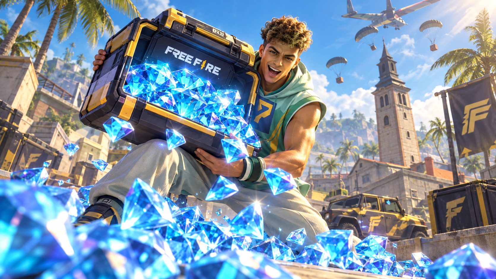 Un jugador de Free Fire sostiene una caja enorme llena de diamantes azules