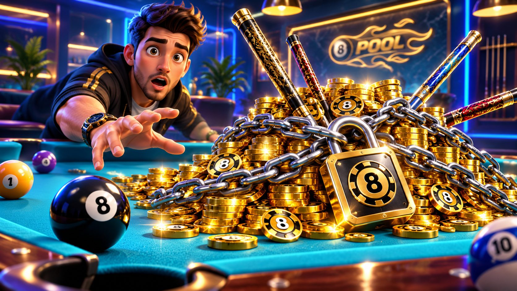 Mesa de 8 Ball Pool con una montaña de monedas encadenada con candado