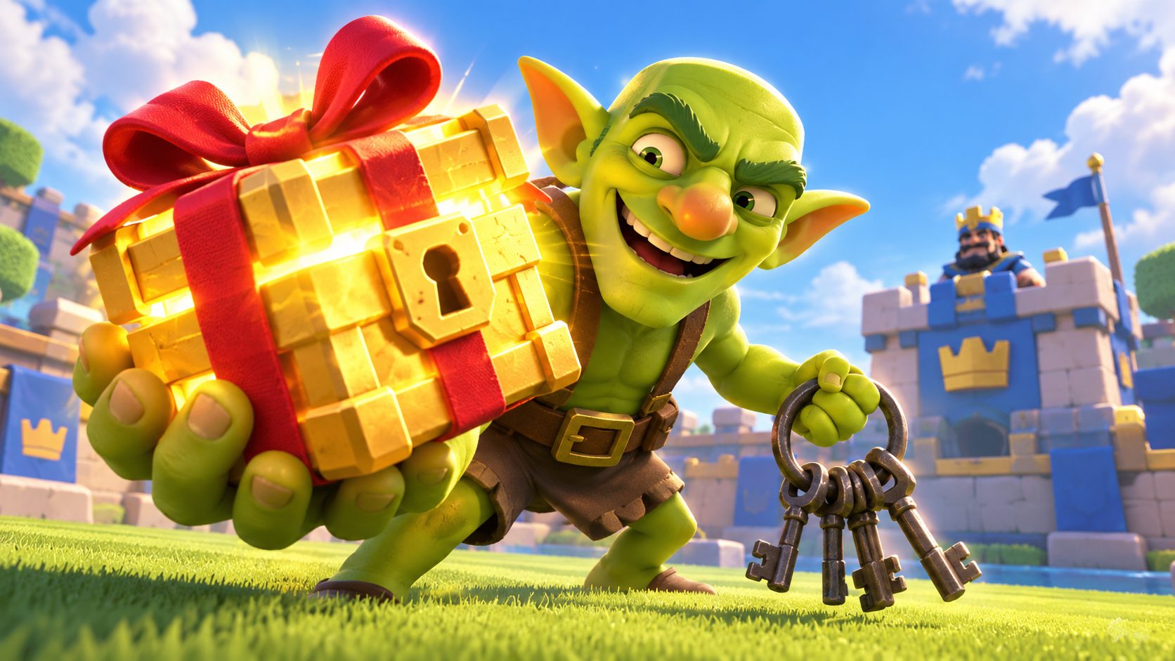Un duende de Clash Royale ofrece un cofre de regalo mientras esconde un llavero en la otra mano