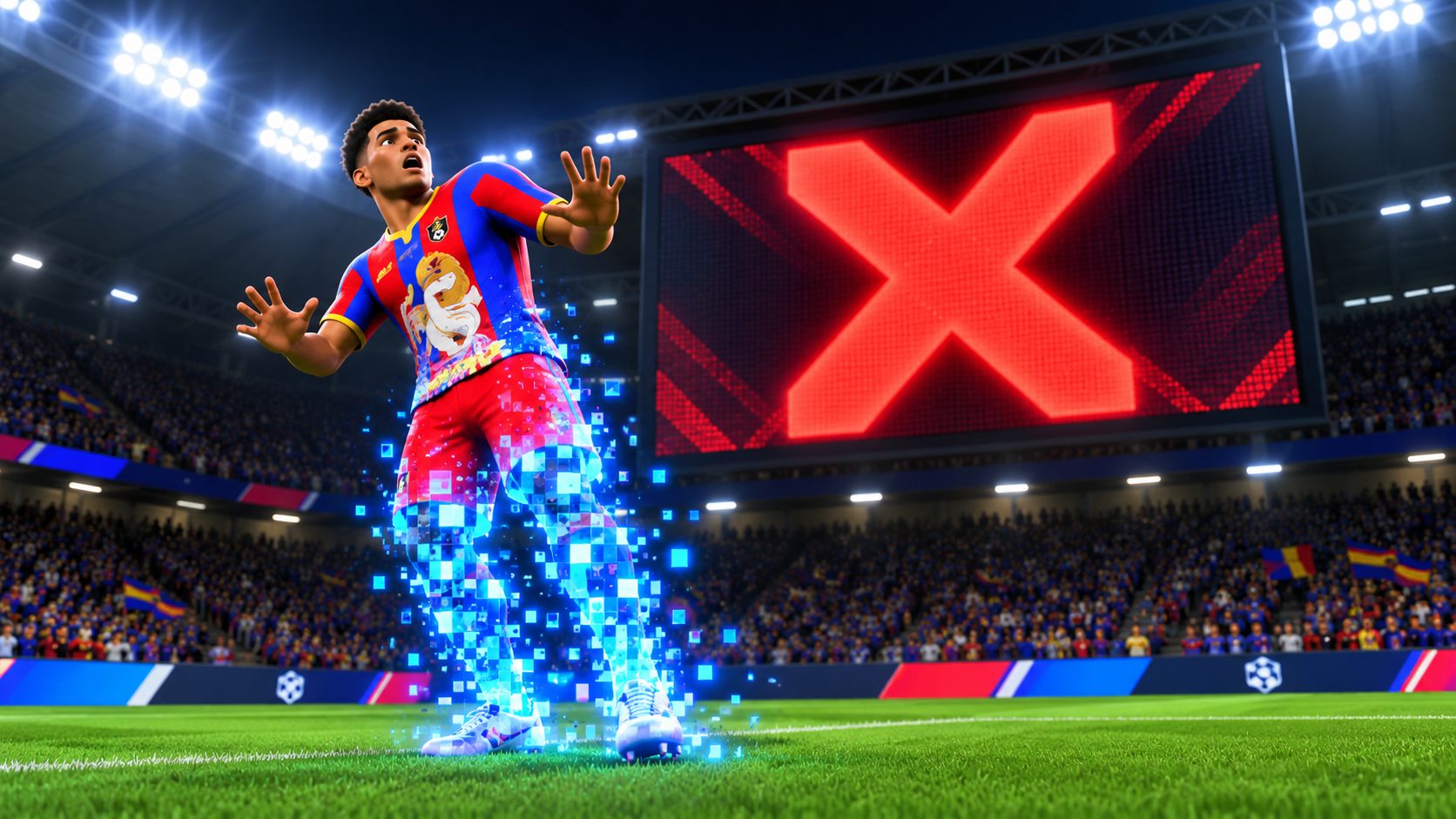 Jugador de Dream League Soccer desapareciendo bajo una enorme X roja en un estadio de noche