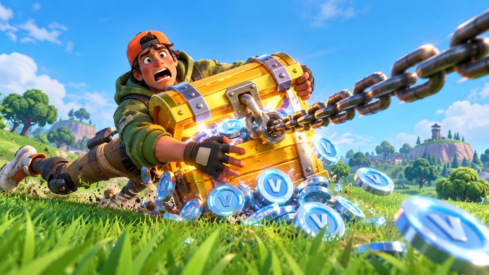 Personaje de Fortnite abrazando un cofre lleno de pavos mientras una cadena se lo lleva
