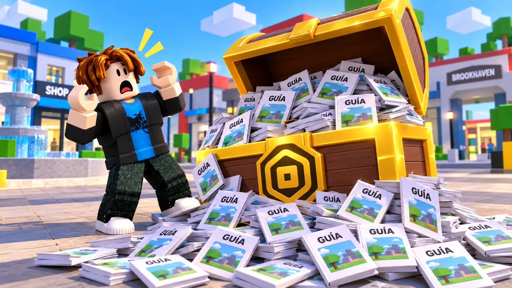 Avatar de Roblox abre un cofre de Robux lleno de guías de papel