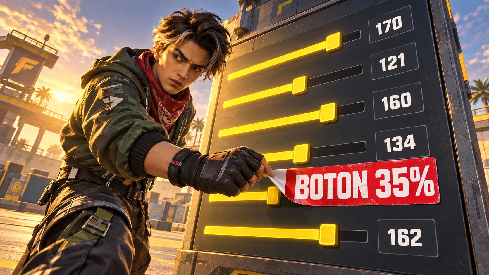 Superviviente de Free Fire levantando el rótulo rojo que tapa el número de la quinta barra de sensibilidad