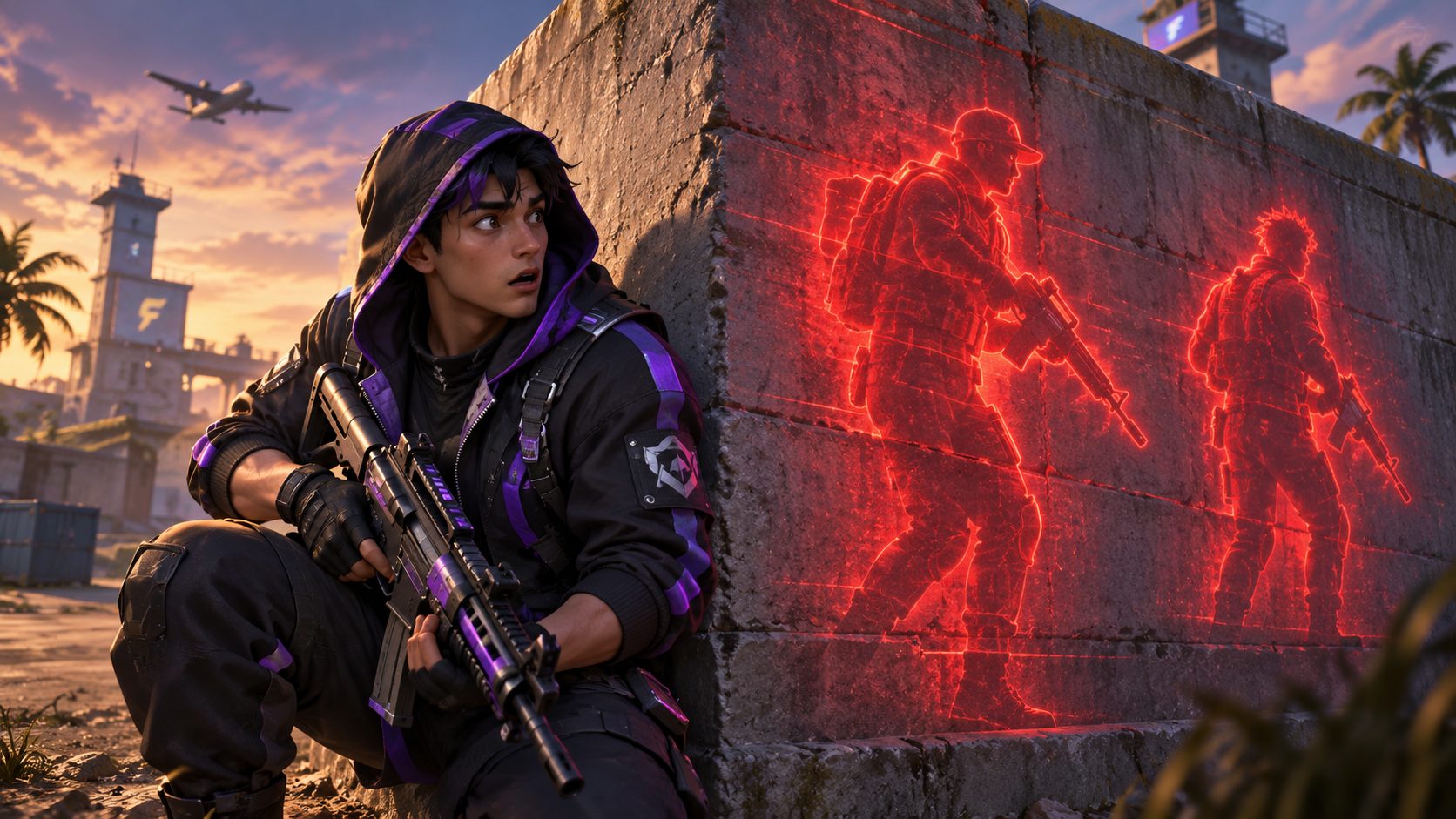 Un superviviente de Free Fire agachado junto a un muro mientras dos enemigos brillan en rojo a través del hormigón