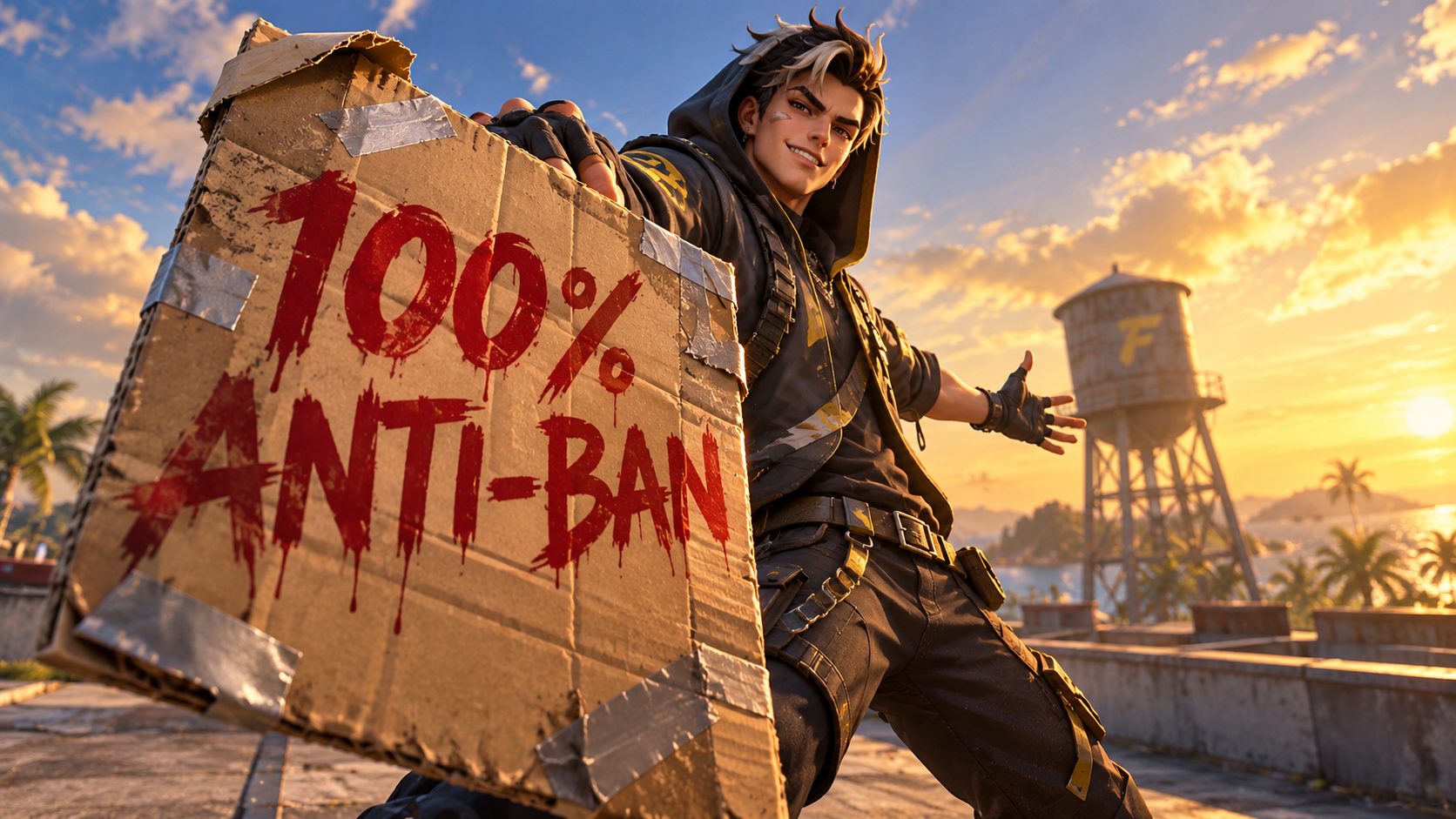 Superviviente de Free Fire con un escudo de cartón en el que pone 100% ANTI-BAN