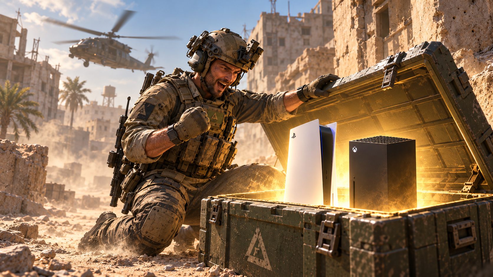 Un operador de Delta Force abre una caja militar con una PS5 y una Xbox Series X dentro