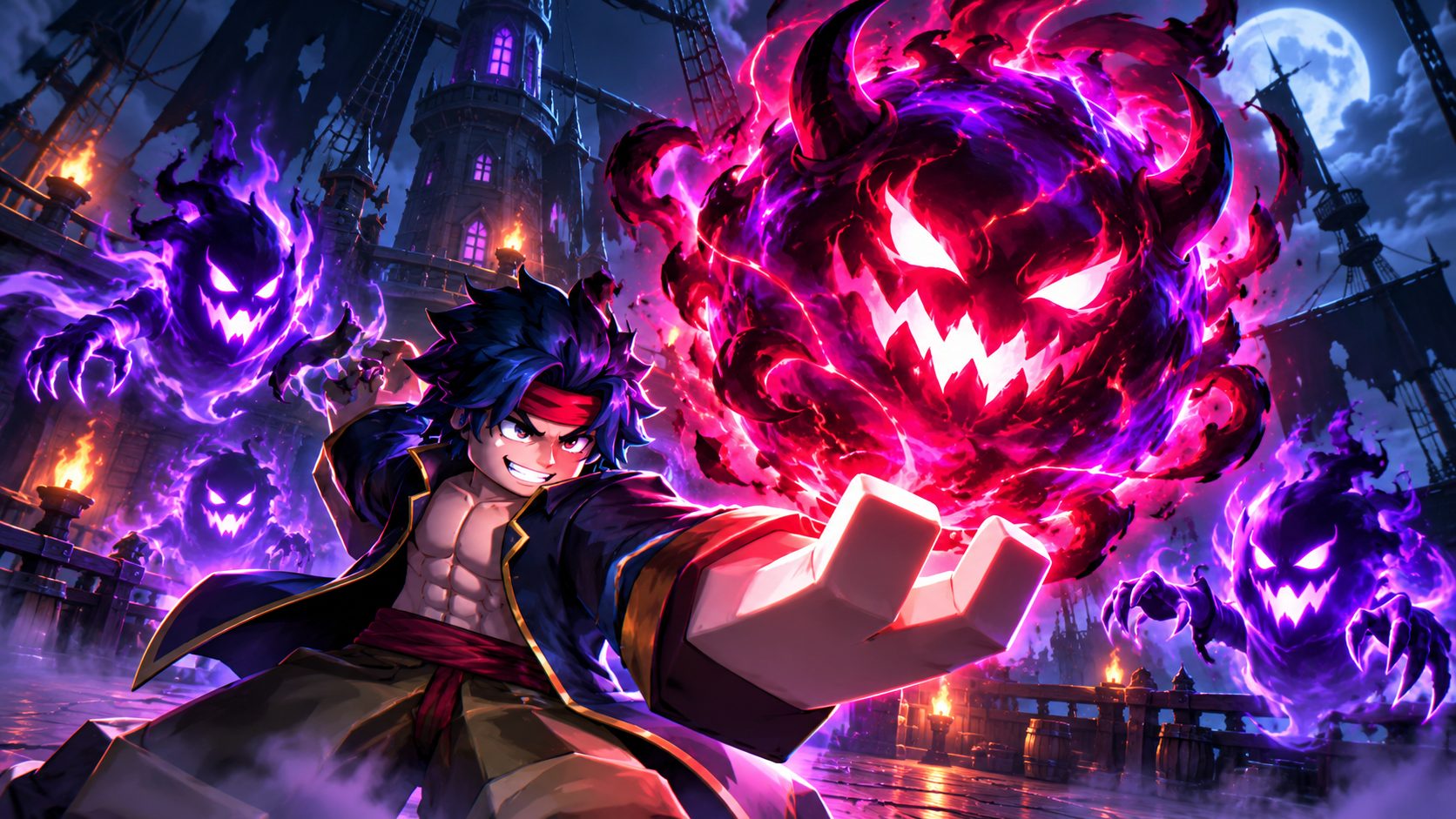 Avatar de Blox Fruits con un Demonic Wisp brillante en el Haunted Castle