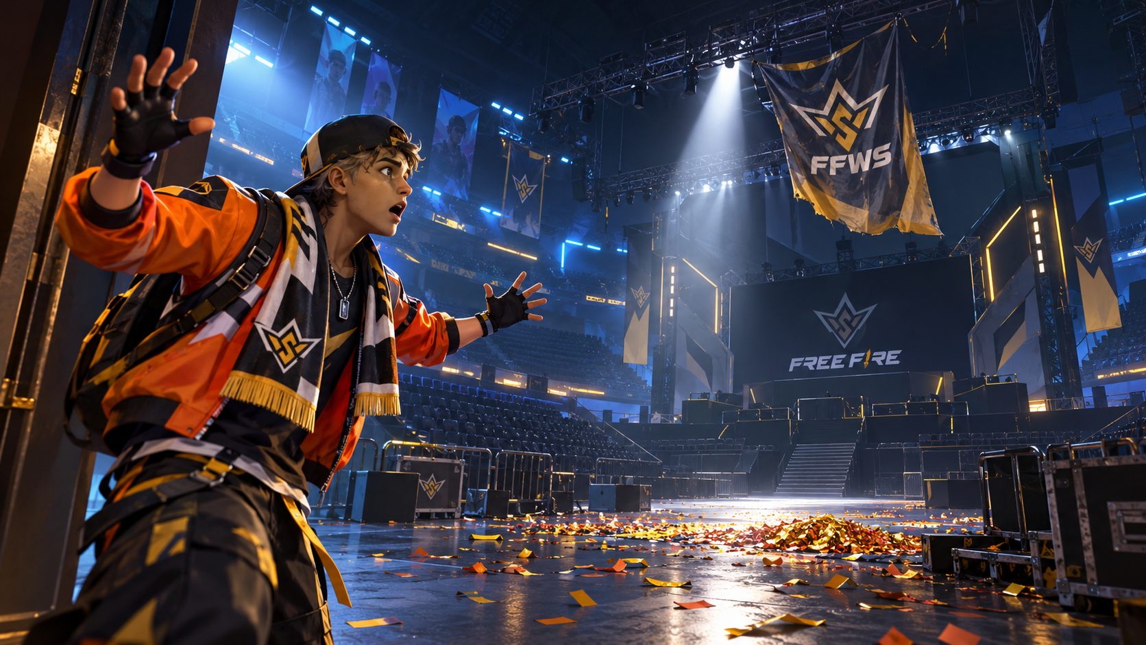 Jugador de Free Fire con ropa de torneo entra animado en un estadio de esports vacío, con el escenario apagado y confeti viejo en el suelo
