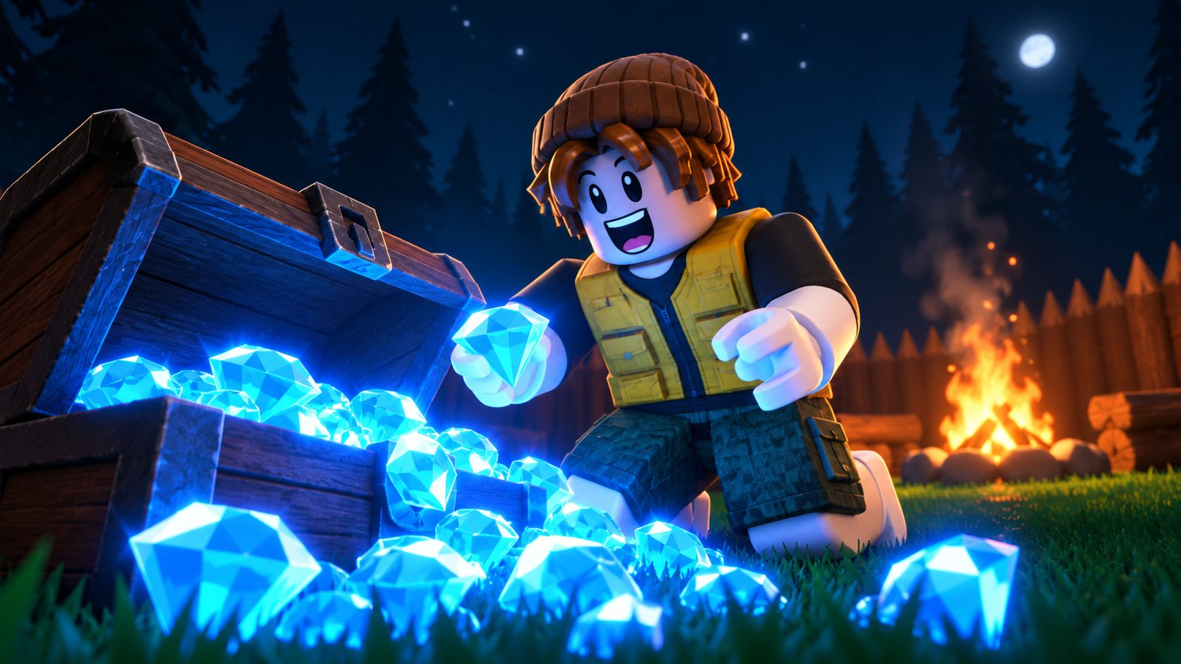 Avatar de Roblox junto a un cofre lleno de diamantes azules en el campamento de 99 Noches en el Bosque