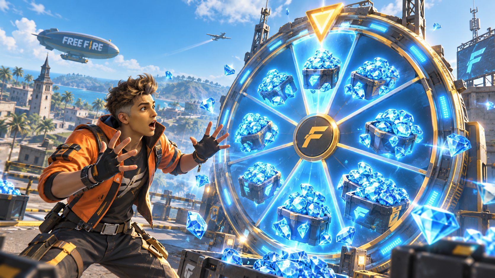 Superviviente de Free Fire junto a una ruleta gigante en la que todas las casillas son diamantes