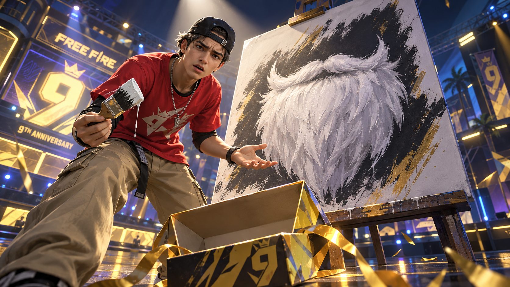 Superviviente de Free Fire dibujando una barba blanca en un gran lienzo