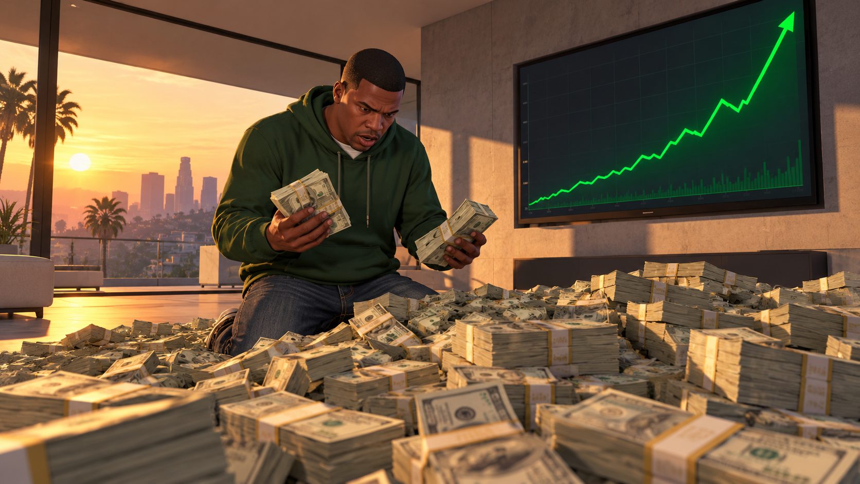 Franklin de GTA 5 arrodillado sobre una montaña de fajos de dólares con una gráfica de bolsa subiendo detrás