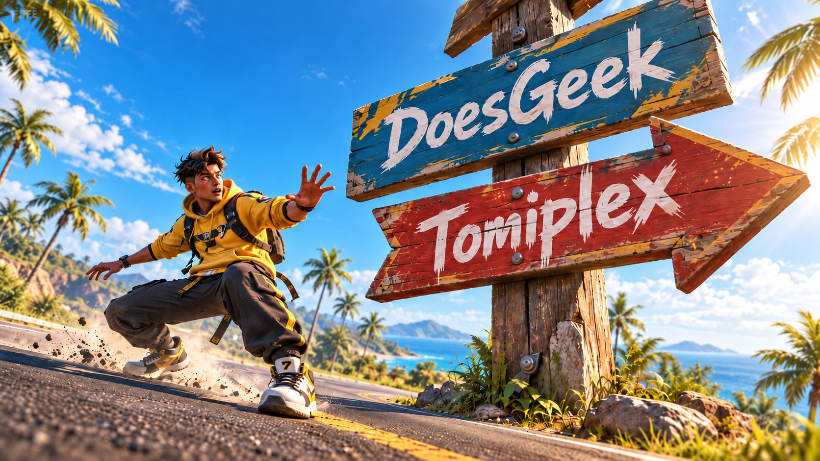 Un superviviente de Free Fire frena ante un gran poste: el cartel de DoesGeek tiene debajo una flecha que señala hacia Tomiplex
