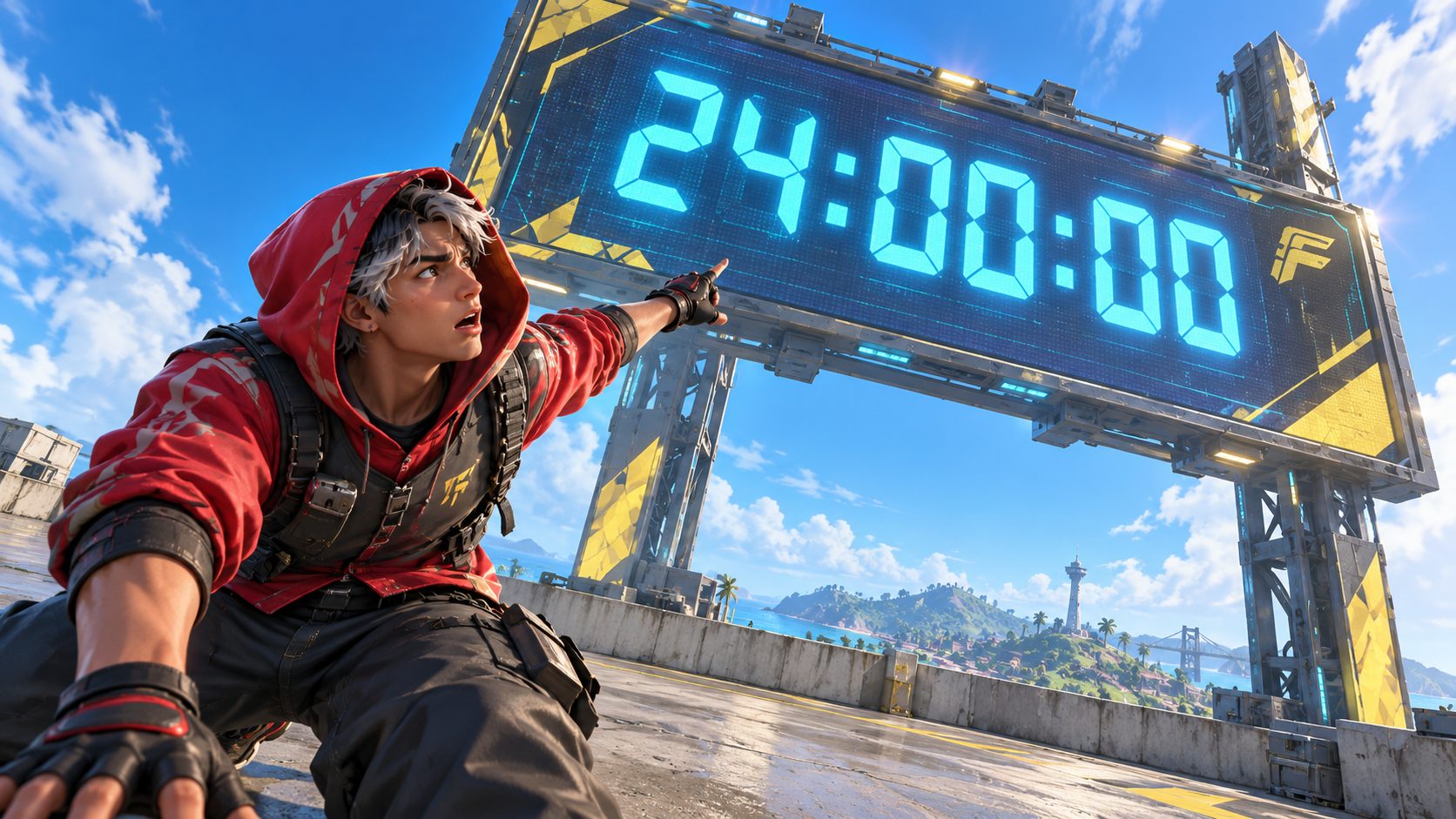 Un jugador de Free Fire señala con desconfianza una cuenta atrás gigante que vuelve a marcar 24:00:00