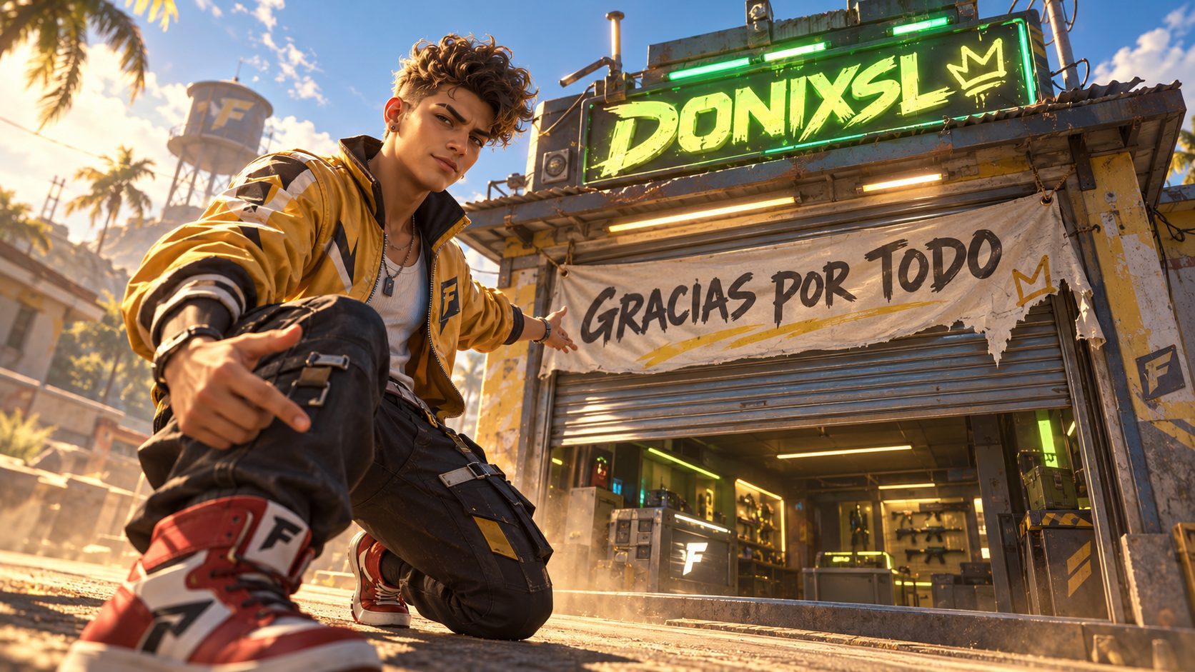 Un superviviente de Free Fire señala un quiosco que vuelve a abrir bajo una pancarta de despedida que dice Gracias por todo