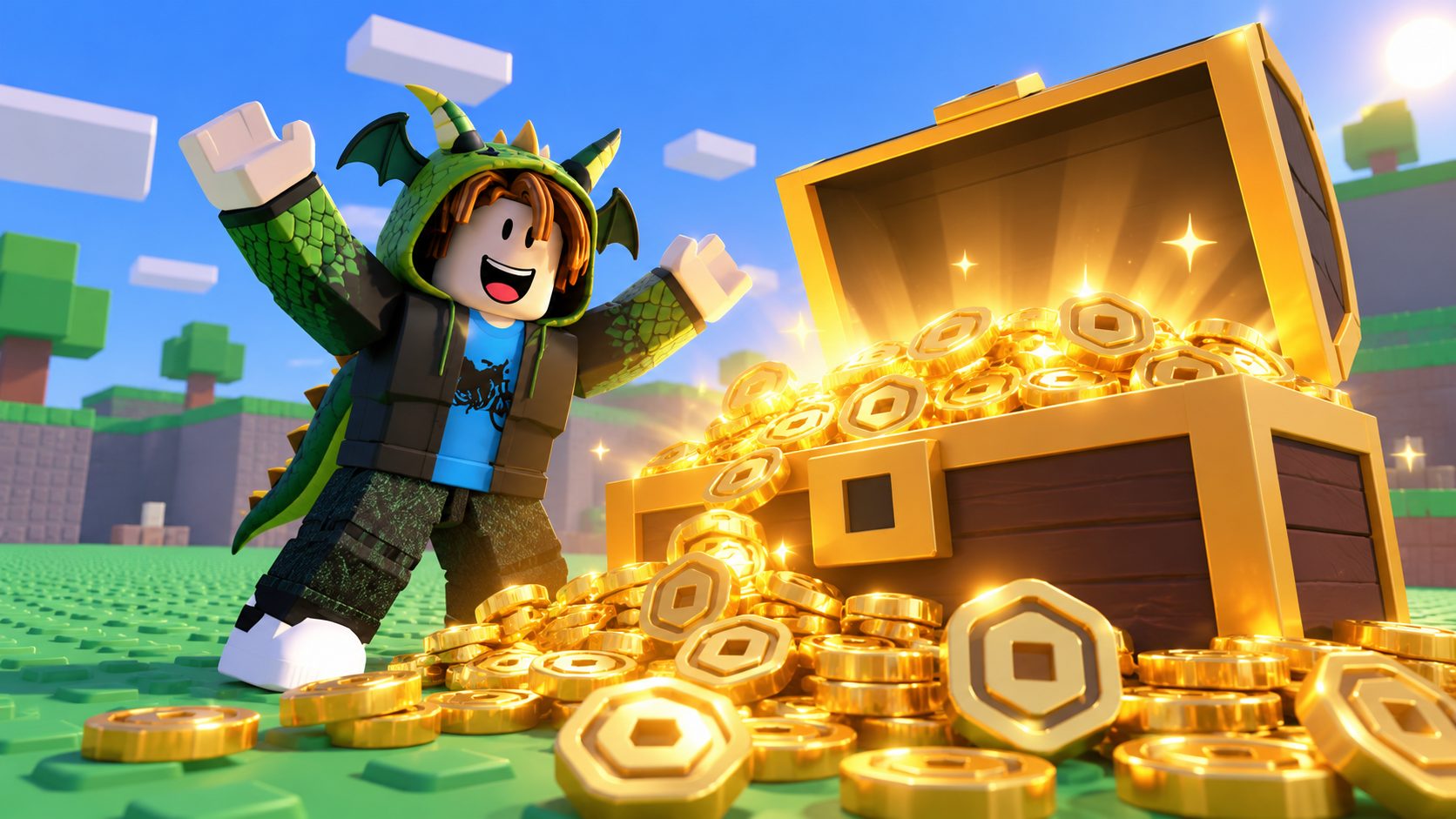 Avatar de Roblox ante un cofre lleno de Robux