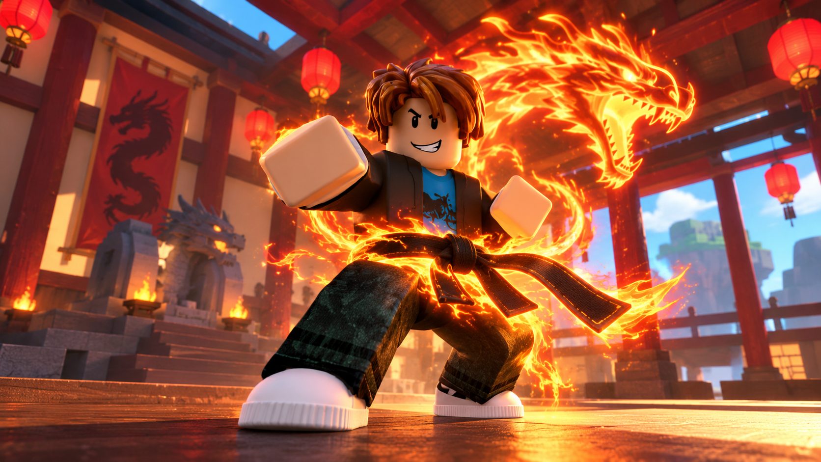 Avatar de Blox Fruits con el cinturón negro del Dragon Dojo envuelto en llamas de dragón