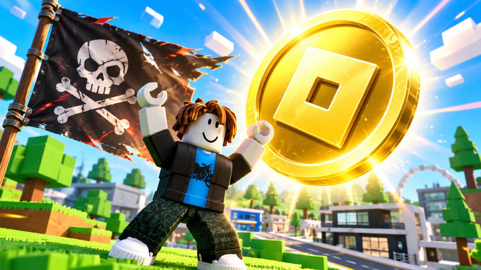 Avatar de Roblox ante una enorme moneda de Robux y una bandera pirata