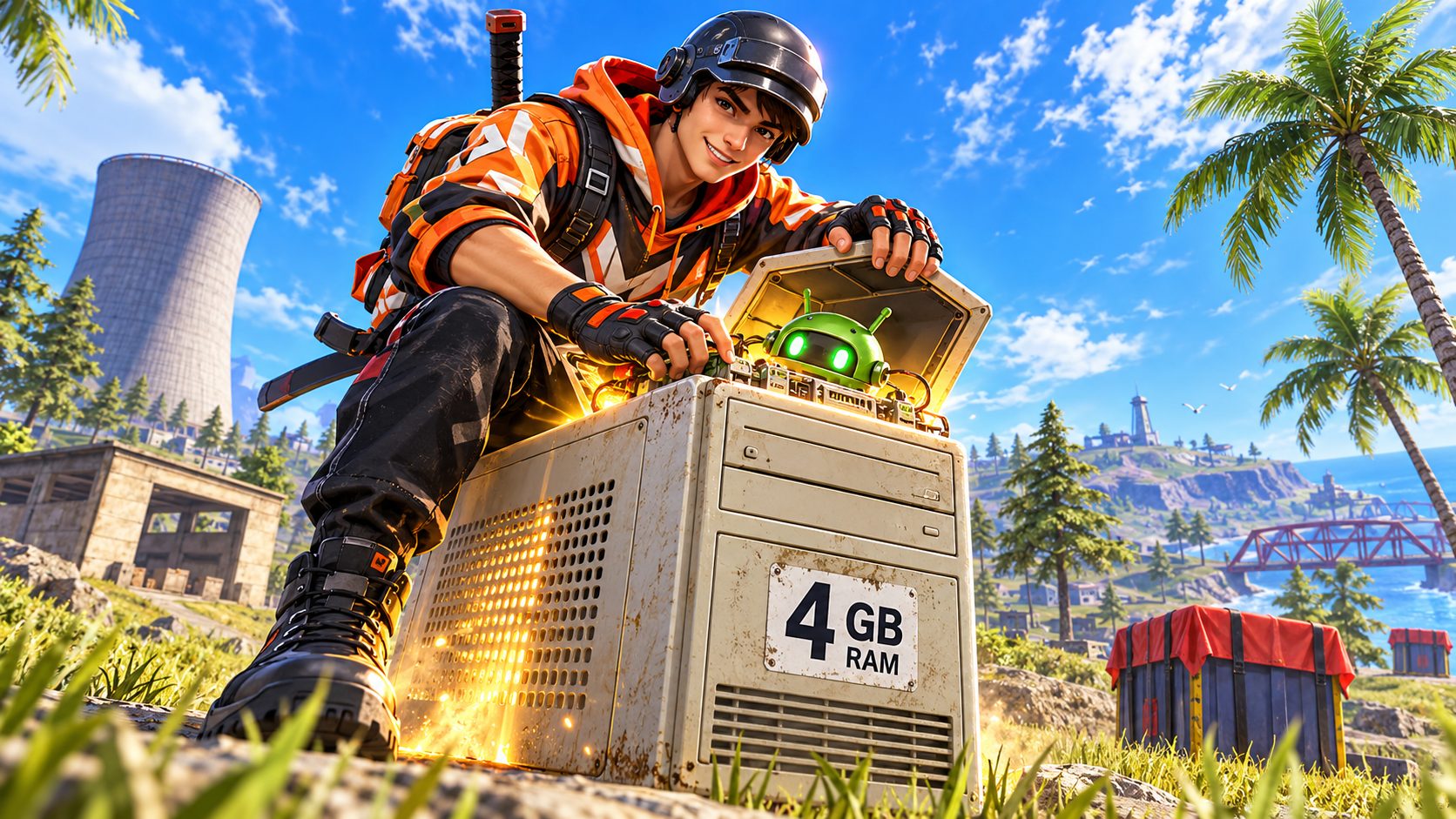 Superviviente de battle royale sobre una torre de PC antigua con un robot verde