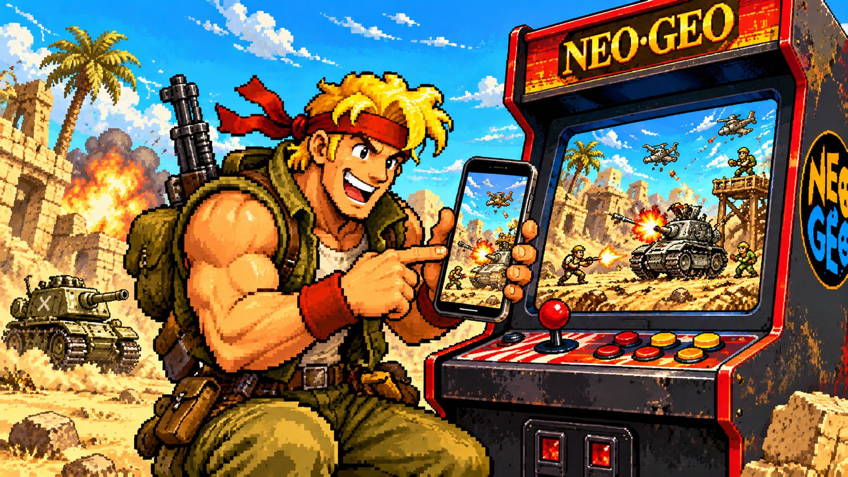 Soldado en pixel art con pañuelo rojo junto a una máquina recreativa